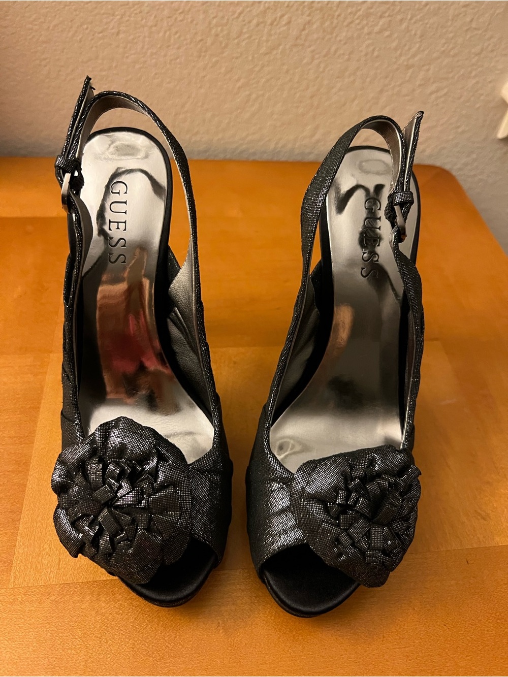 GUESS Black Peep-Toe Slingback Heels with Floral Rosette